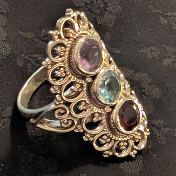 Sterling Silver Amethyst Blue Topaz Garnet Statement Ring Size 6 - Picture 2 of 9